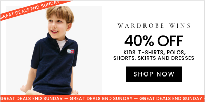 Wardrobe wins 40% off kids' t-shirts, polos, shorts, skirts and dresses. Click here to shop offers.
