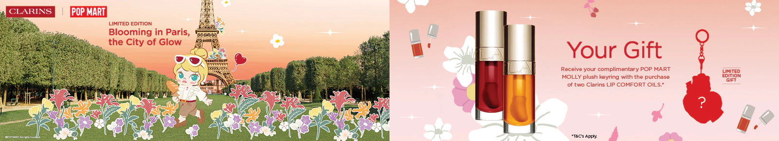 Clarins x POPMART Gift with purchase. Receive your complimentary POP MART MOLLY plush keyring with the purchase of two Clarins LIP COMFORT OILS.