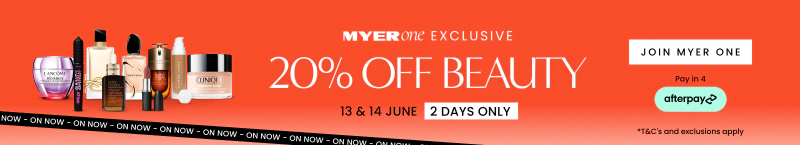 20% off Beauty. MYER one Exclusive. This weekend only. Join MYER one now.
