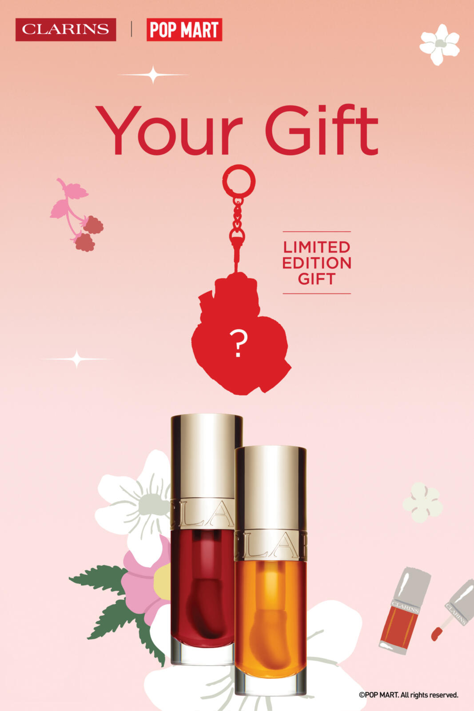 Receive your complimentary POP MART MOLLY plush keyring with the purchase of two Clarins LIP COMFORT OILS. T&Cs apply.