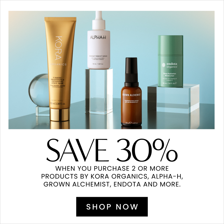 Save 30% when you purchase 2 or more products by Kora Organics, Alpha-H, Grown Alchemist, Endota and more. Click here to shop now.