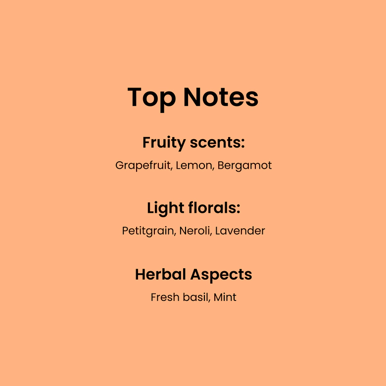 Top Notes: Fruity scent: grapefruit, lemon, bergamot. Light florals: Petigrain, neroli,l avender. Herbal Aspects: Fresh basil, mint