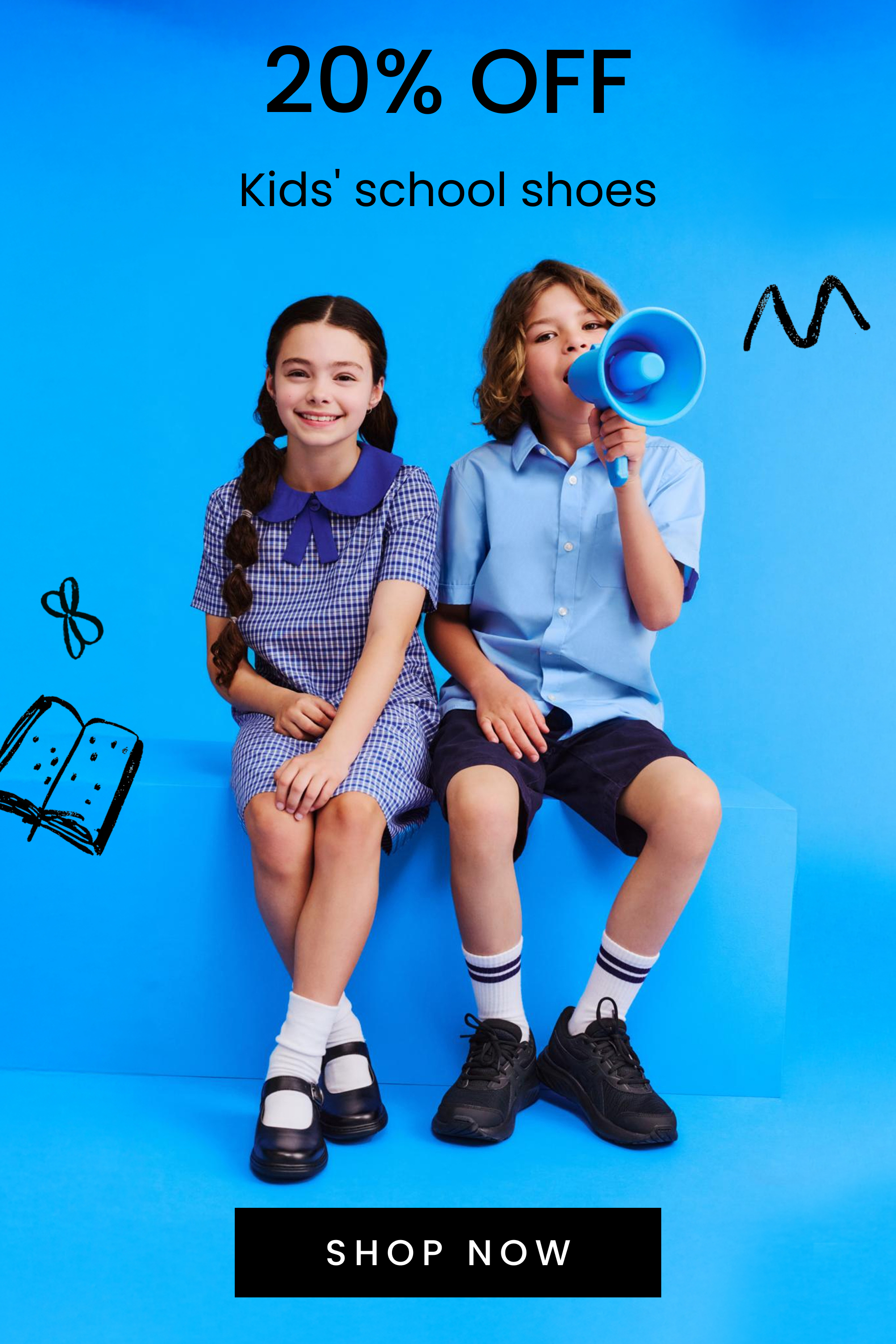 20% off kids school shoes. Click here to shop now