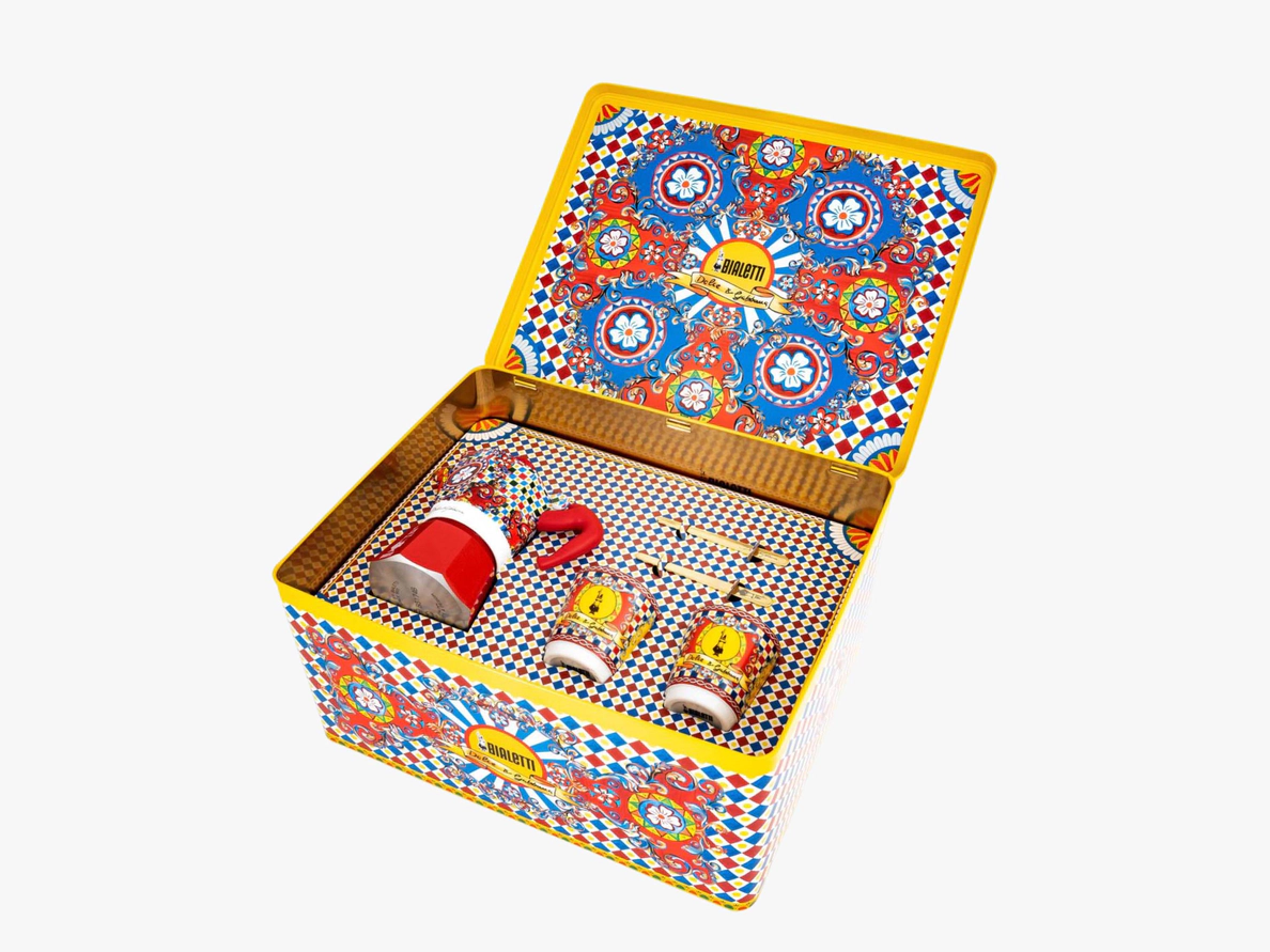 Click here to shop the Bialetti Dolce & Gabbana Moka 2 Cup Espresso Maker and Coffee Cups Gift Set