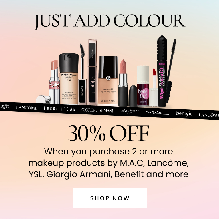 Click here to shop 30% off beauty when you purchase 2 or more makeup products by M.A.C, Lancôme, YSL, Giorgio Armani, Benefit and more.