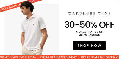 Wardrobe wins 30-50% off a great range of men's fashion. Click here to shop offers.