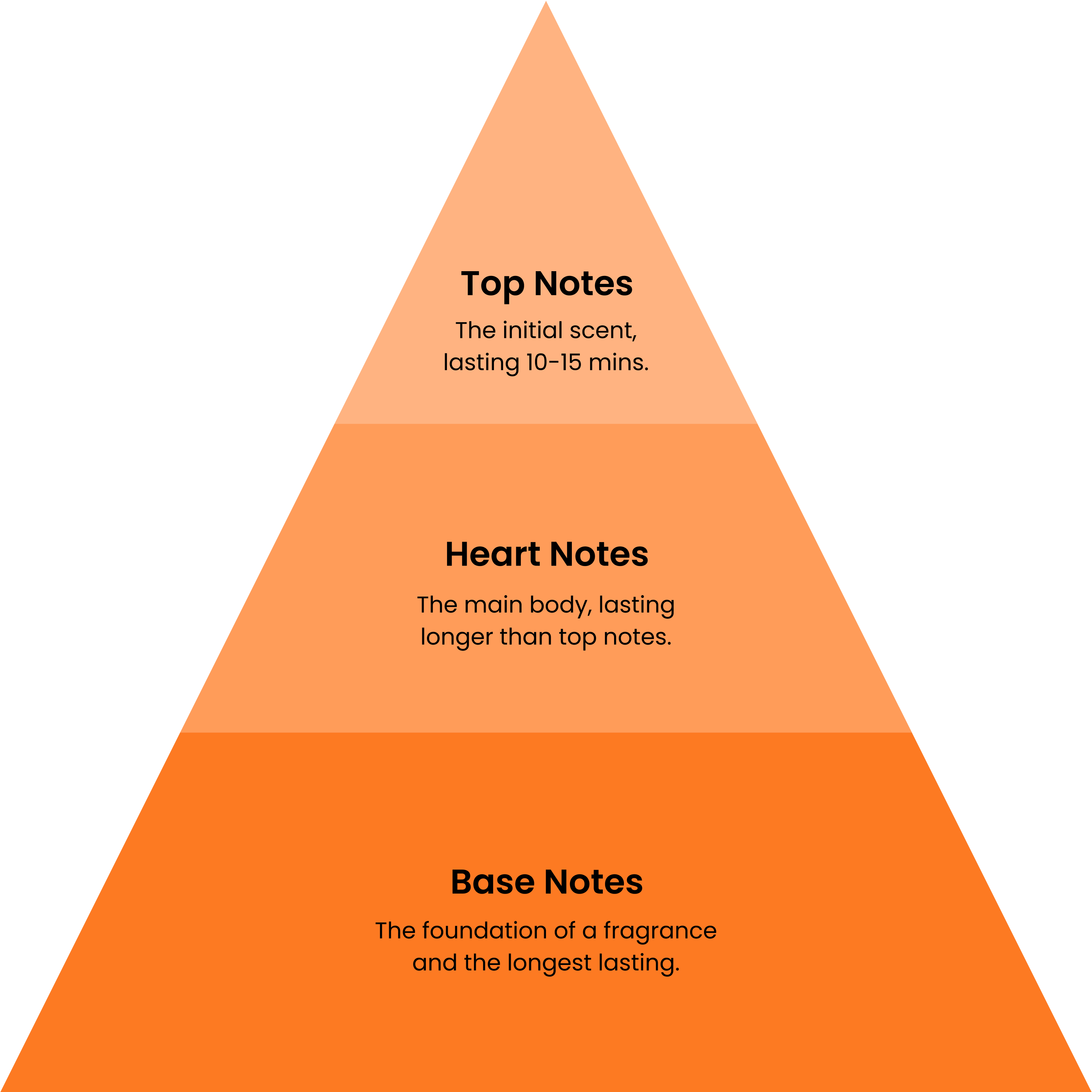 Top Notes: The initial scent lasting 10-15 mins. Heart Notes: The main body, lasting longer than top notes. Base Notes: The foundation of a fragrance and the longest lasting.
