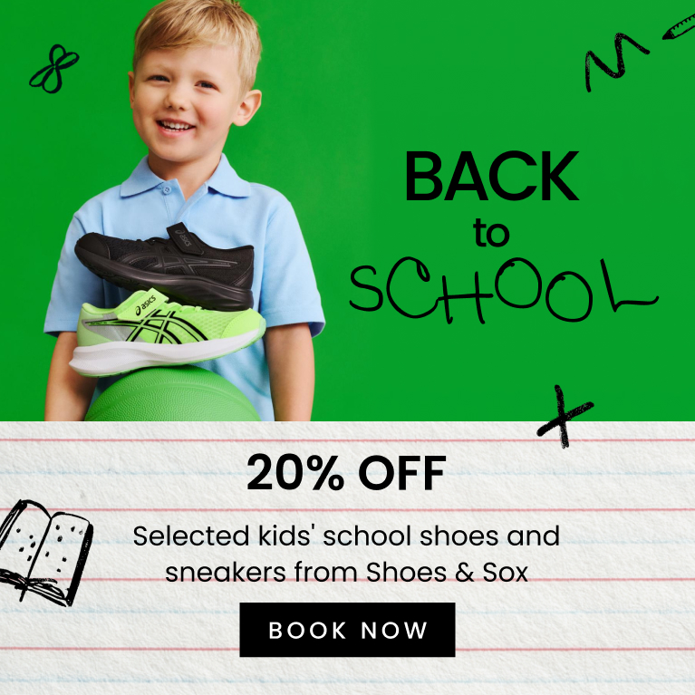 Back to school. 20% off kids' school shoes. Click here to Shop Now.