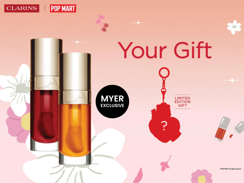 Receive your complimentary POP MART MOLLY plush keyring with the purchase of two Clarins LIP COMFORT OILS. T&Cs apply.