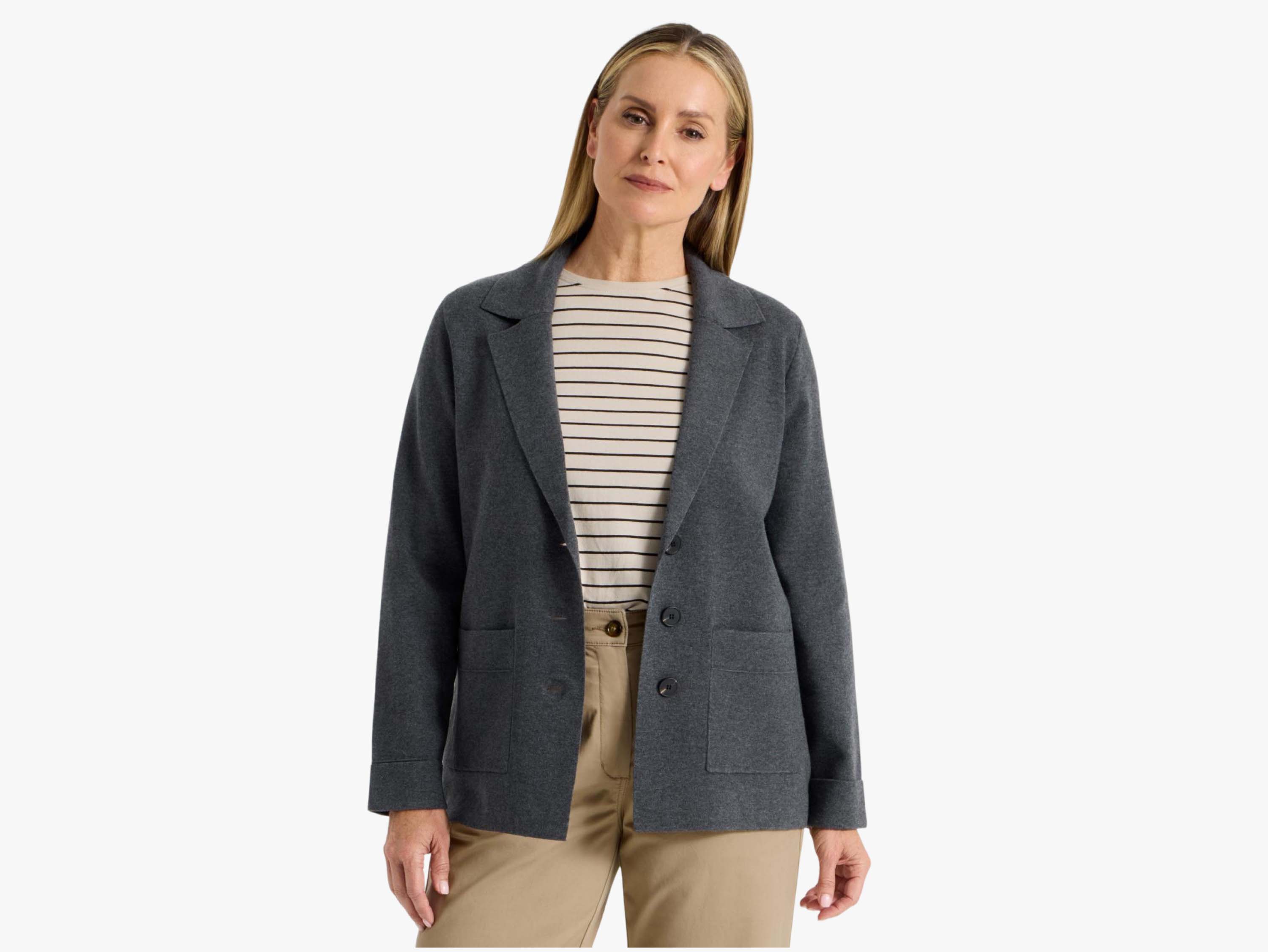 Click here to shop the Regatta Knitted Long Sleeve Single Breasted Knitted Blazer in Charcoal