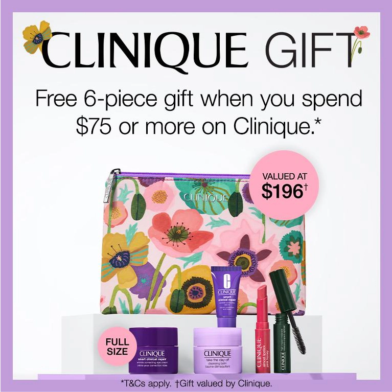 Clinique gift. Free 6 piece gift when you spend $75 or more on Clinique. Click here to shop now.