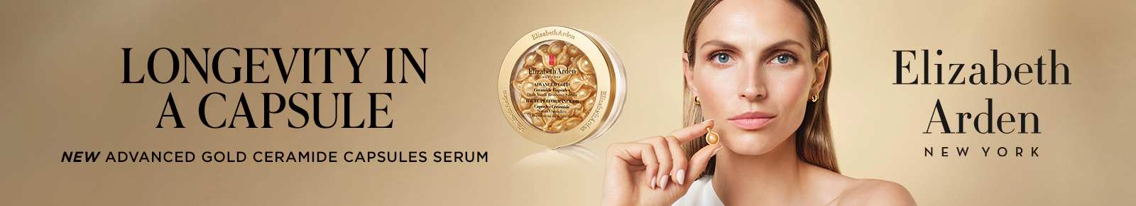 Elizabeth Arden New York. Longevity In A Capsule. New Advanced Gold Ceramide Capsules Serum.