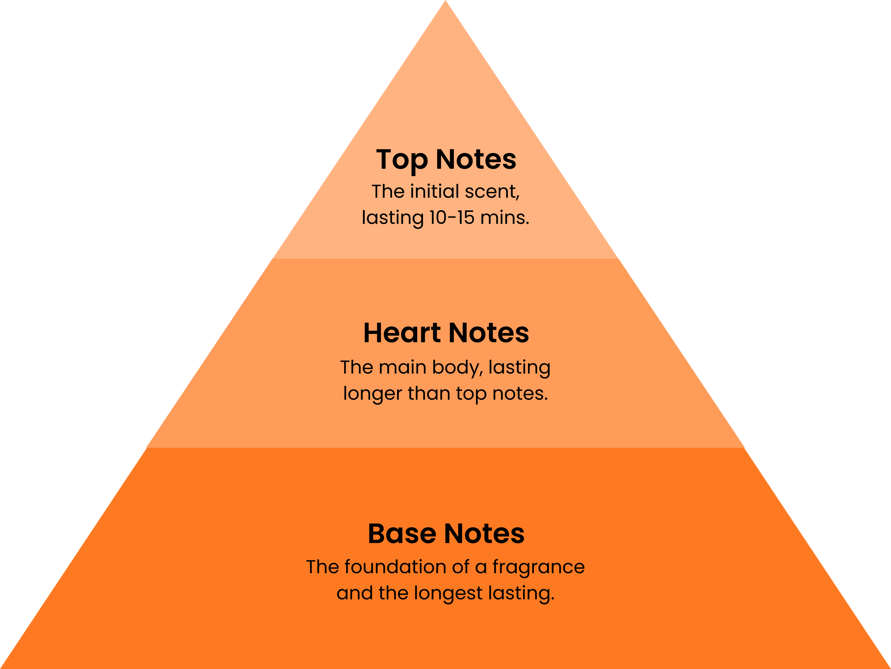 Top Notes: The initial scent lasting 10-15 mins. Heart Notes: The main body, lasting longer than top notes. Base Notes: The foundation of a fragrance and the longest lasting.