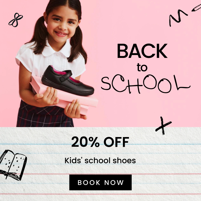 Back to school. 20% off kids' school shoes. Click here to Shop Now.