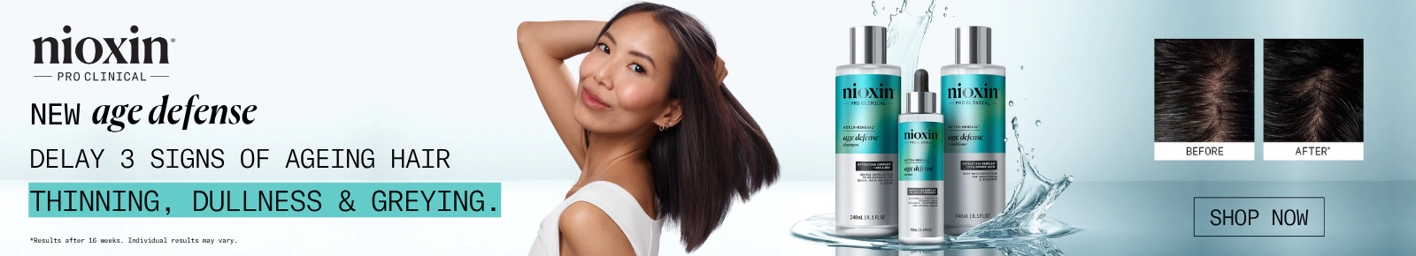Nioxin New age defense. Delay three signs of ageing hair. Thinning, dullness, greying. Shop Now