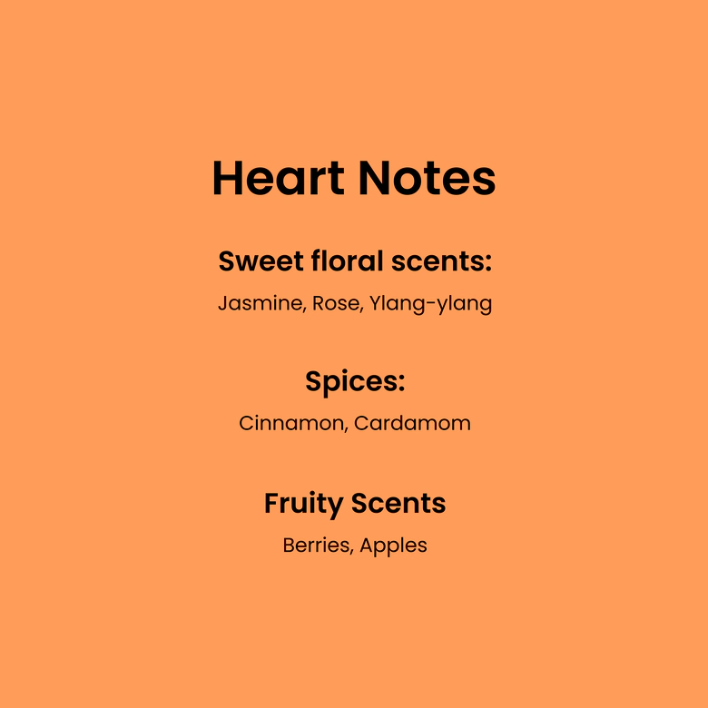 Heart Notes. Sweet floral scents: Jasmine, Rose, Ylang-ylang. Spices: Cinnamon, Cardamom. Fruity Scents: Berries, apples